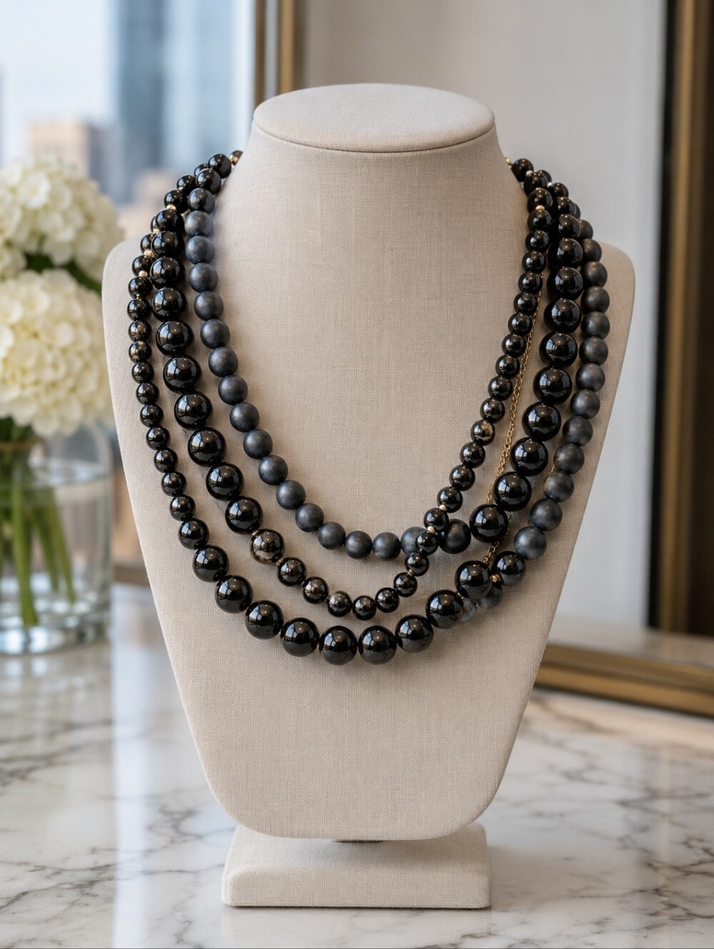 Kenneth Cole NY Black Multi Strand Beaded Statement Necklace Adjustable